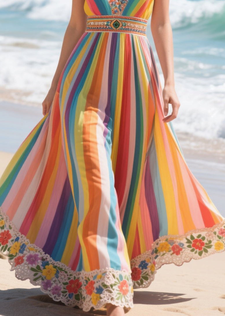 Bohemian Rainbow V Neck Striped Chiffon Spaghetti Strap Dress Summer