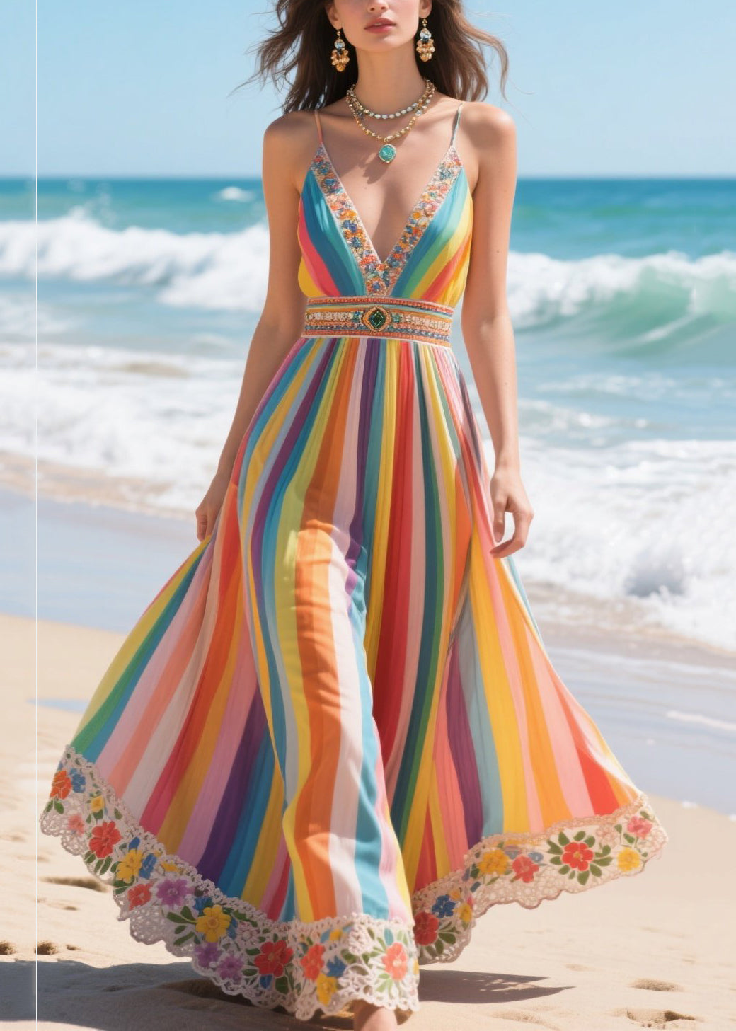 Bohemian Rainbow V Neck Striped Chiffon Spaghetti Strap Dress Summer