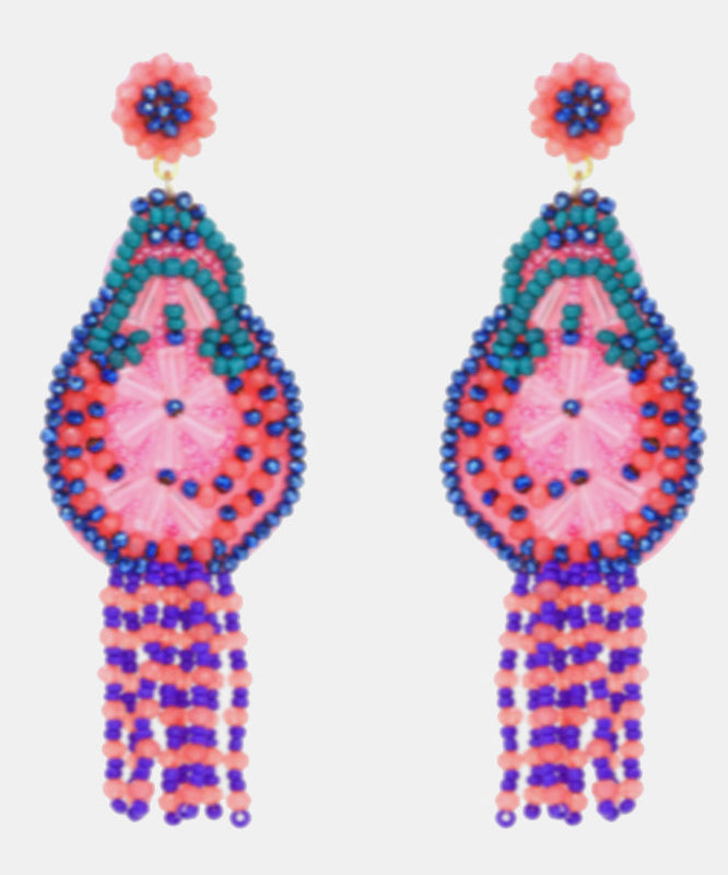 Bohemian Rainbow Weave Crystal Beading Tassel Drop Earrings - Omychic