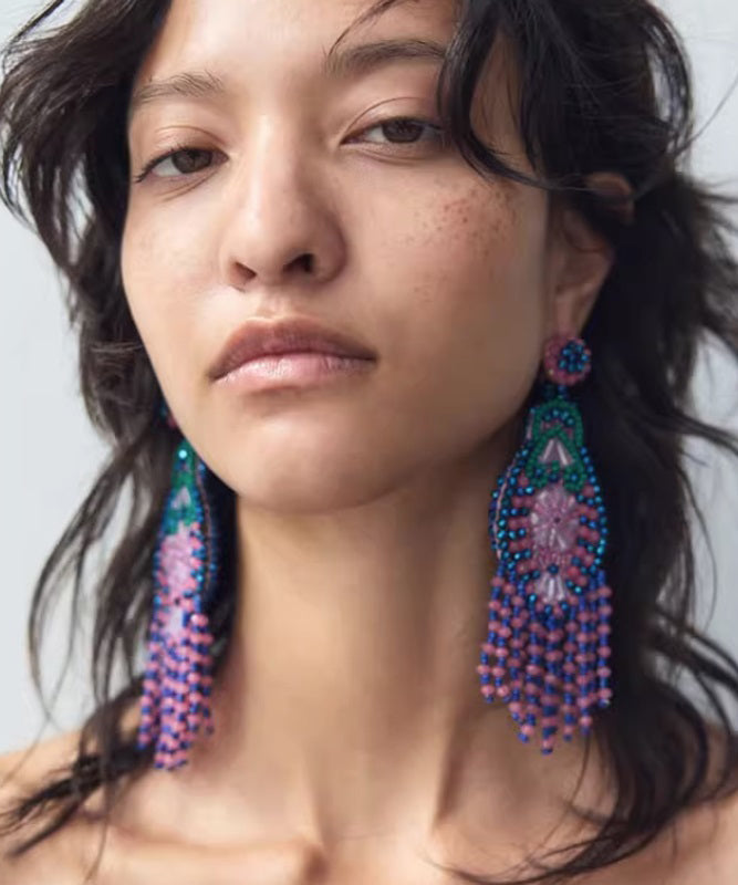 Bohemian Rainbow Weave Crystal Beading Tassel Drop Earrings - Omychic