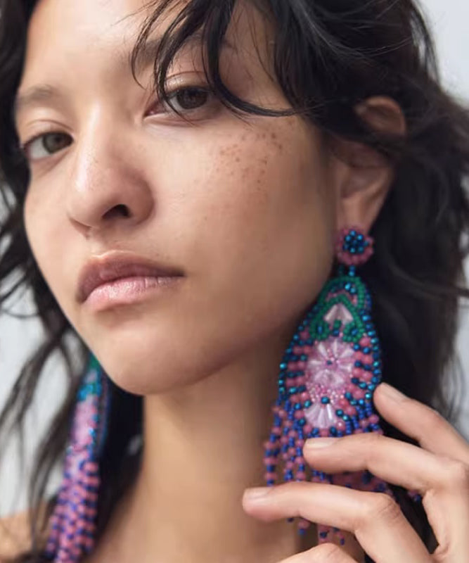 Bohemian Rainbow Weave Crystal Beading Tassel Drop Earrings - Omychic