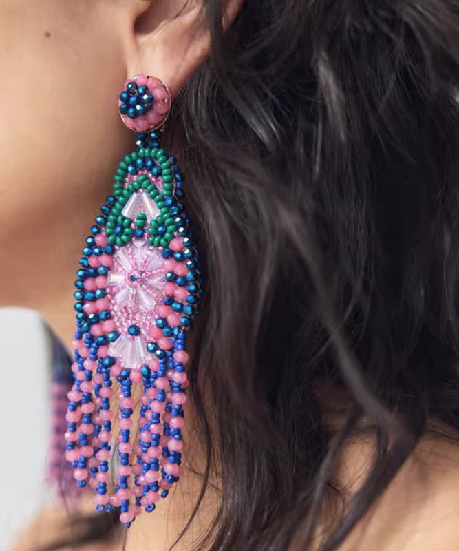 Bohemian Rainbow Weave Crystal Beading Tassel Drop Earrings - Omychic