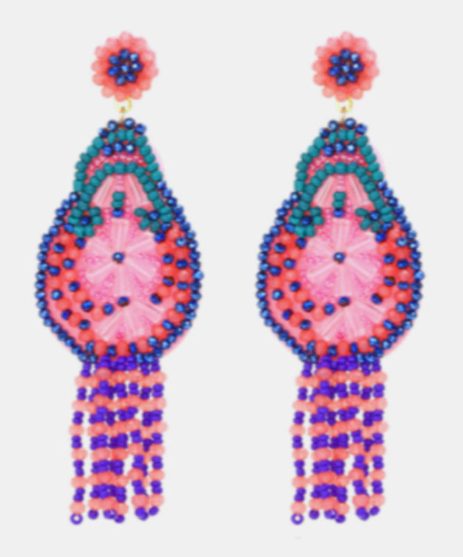 Bohemian Rainbow Weave Crystal Beading Tassel Drop Earrings - Omychic