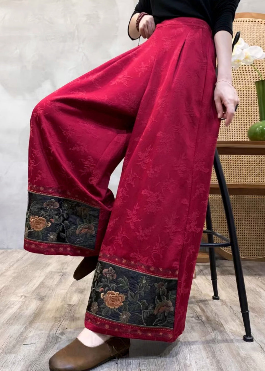 Bohemian Red Embroidered Jacquard Cotton Pants Spring