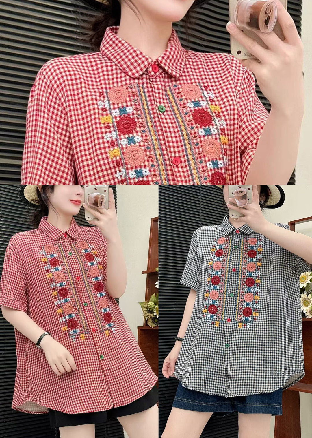 Bohemian Red Embroidered Plaid Linen Tops Summer