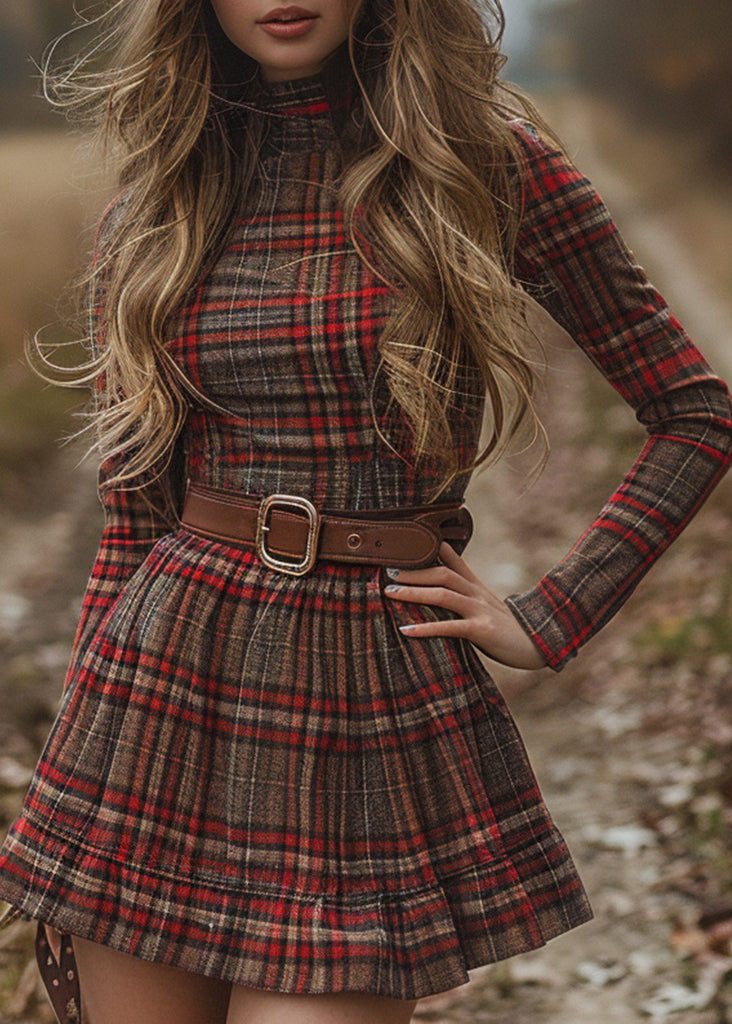 Bohemian Red Hign Neck Plaid Cotton Mini Dress Spring
