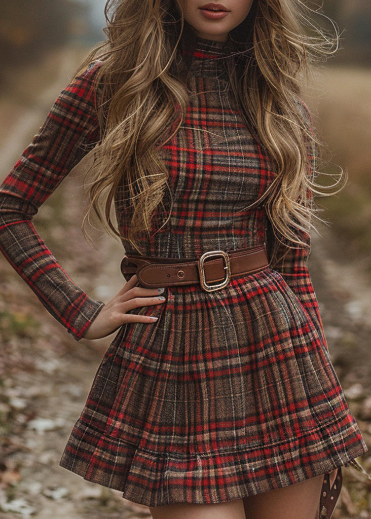 Bohemian Red Hign Neck Plaid Cotton Mini Dress Spring