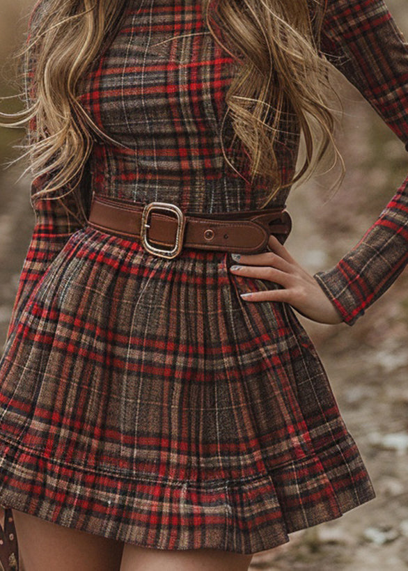 Bohemian Red Hign Neck Plaid Cotton Mini Dress Spring