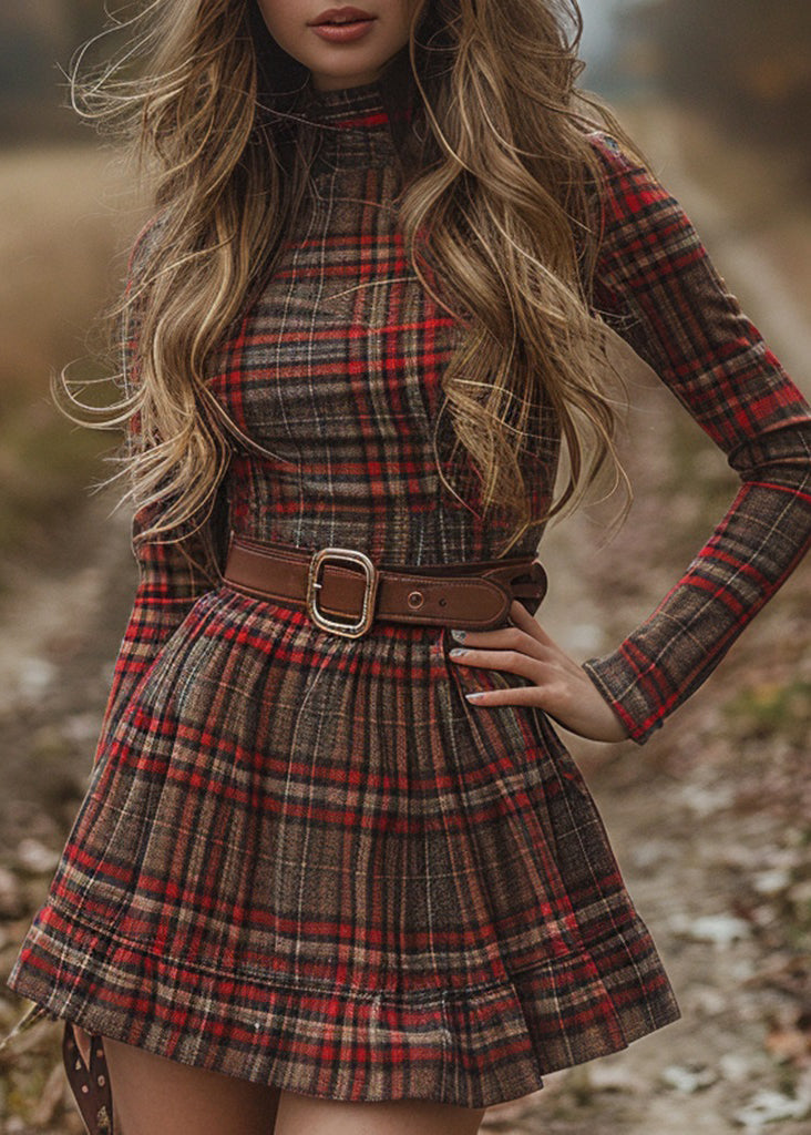 Bohemian Red Hign Neck Plaid Cotton Mini Dress Spring