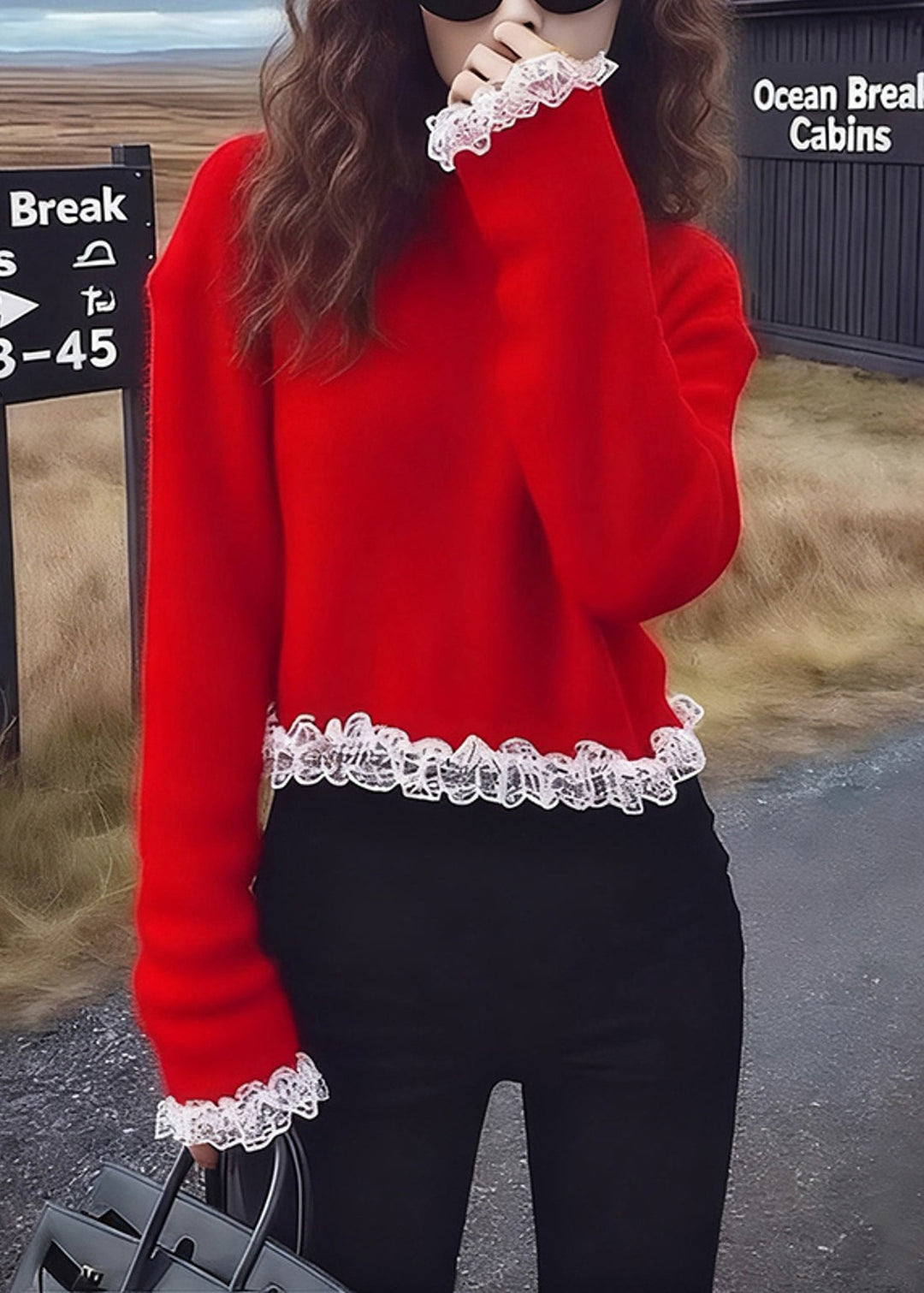 Bohemian Red Oversized Patchwork Lace Sweaters Winter