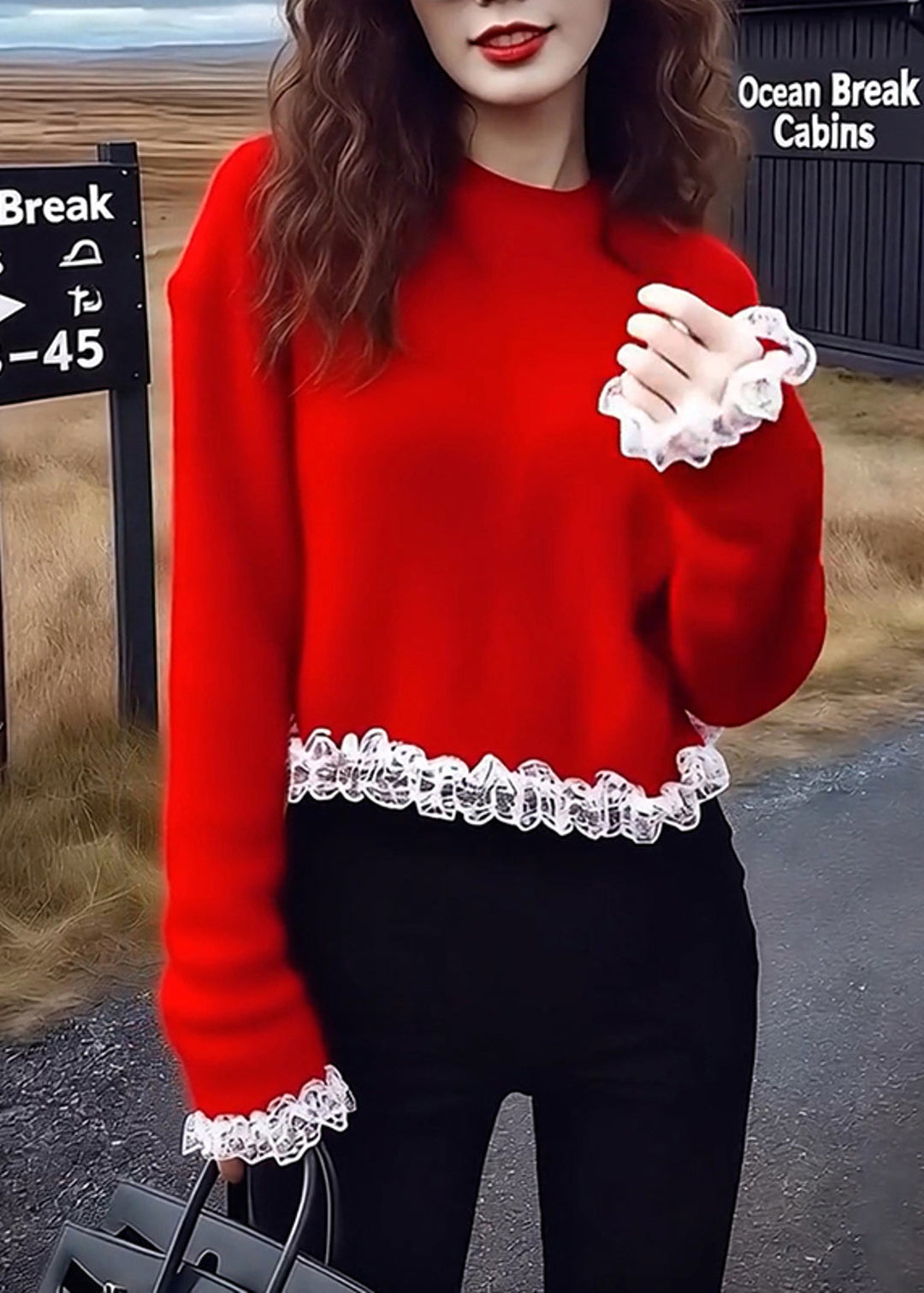 Bohemian Red Oversized Patchwork Lace Sweaters Winter