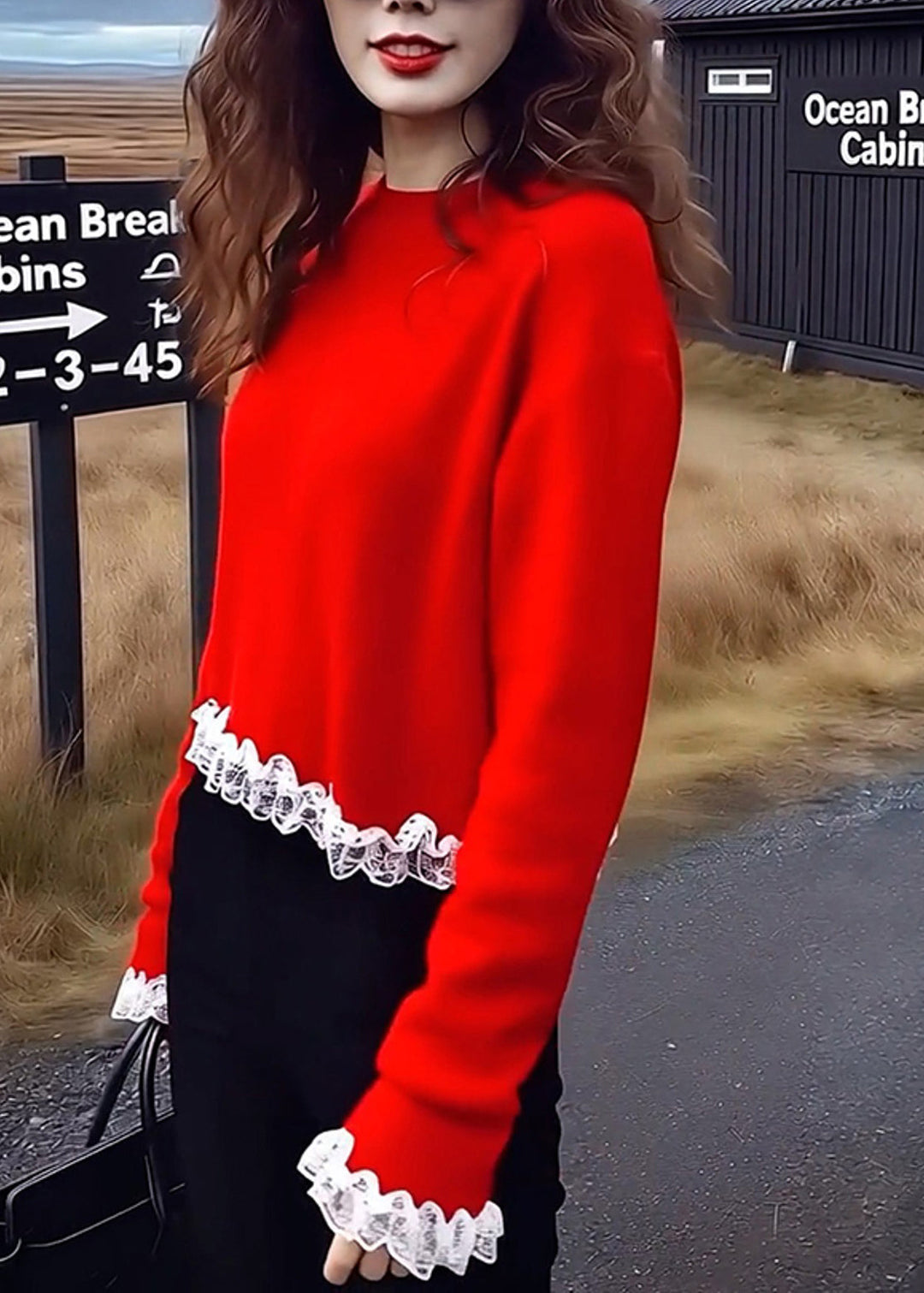 Bohemian Red Oversized Patchwork Lace Sweaters Winter