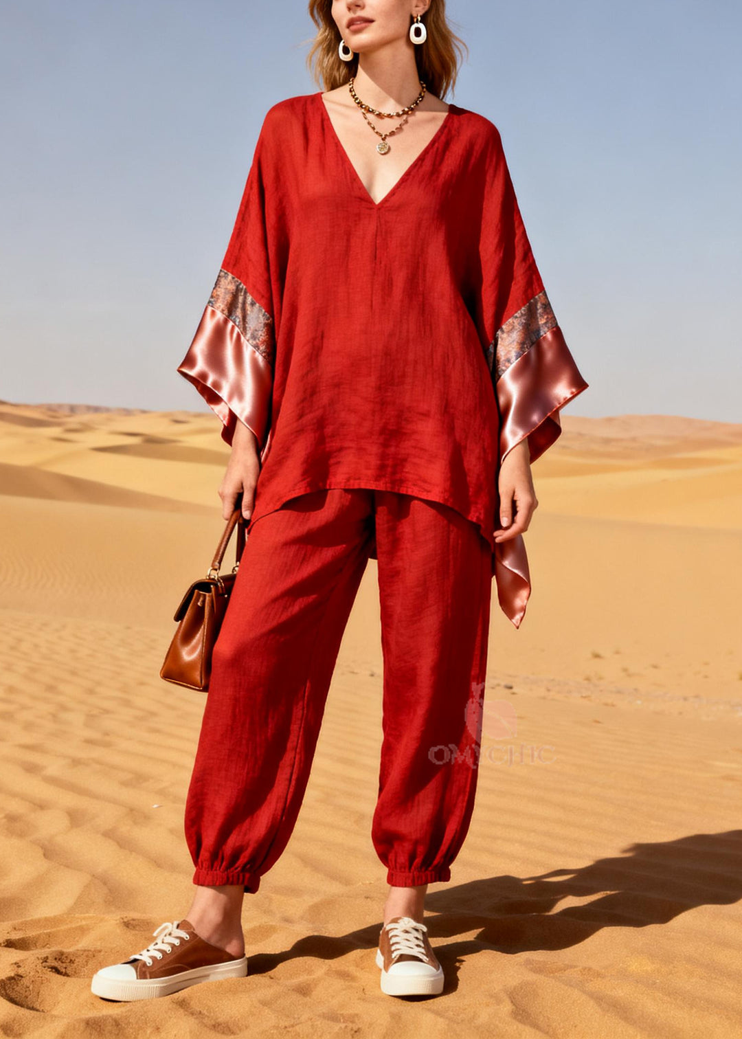 Bohemian Red Oversized Patchwork Linen Silk Two Piece Suit Set Spring