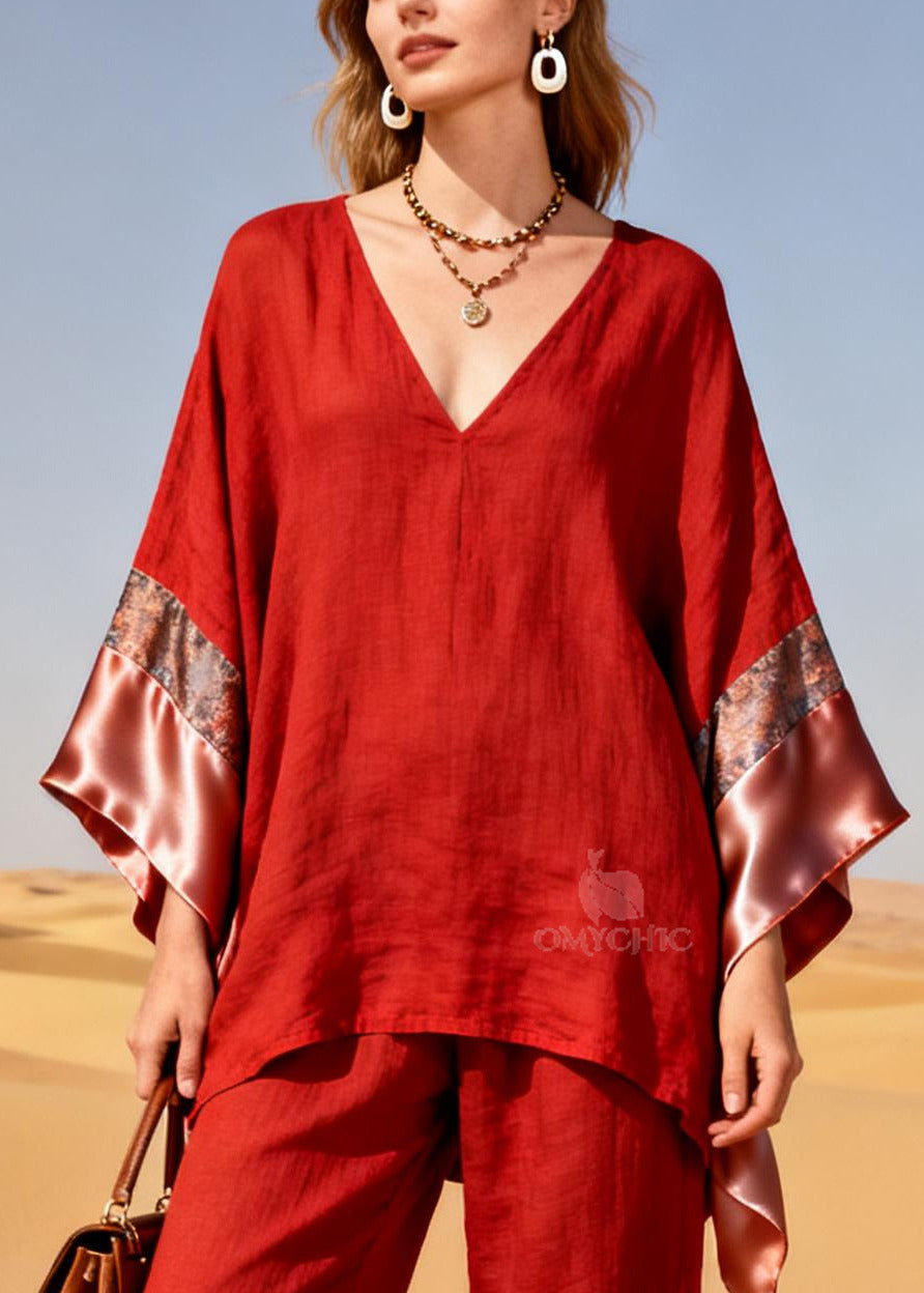 Bohemian Red Oversized Patchwork Linen Silk Two Piece Suit Set Spring