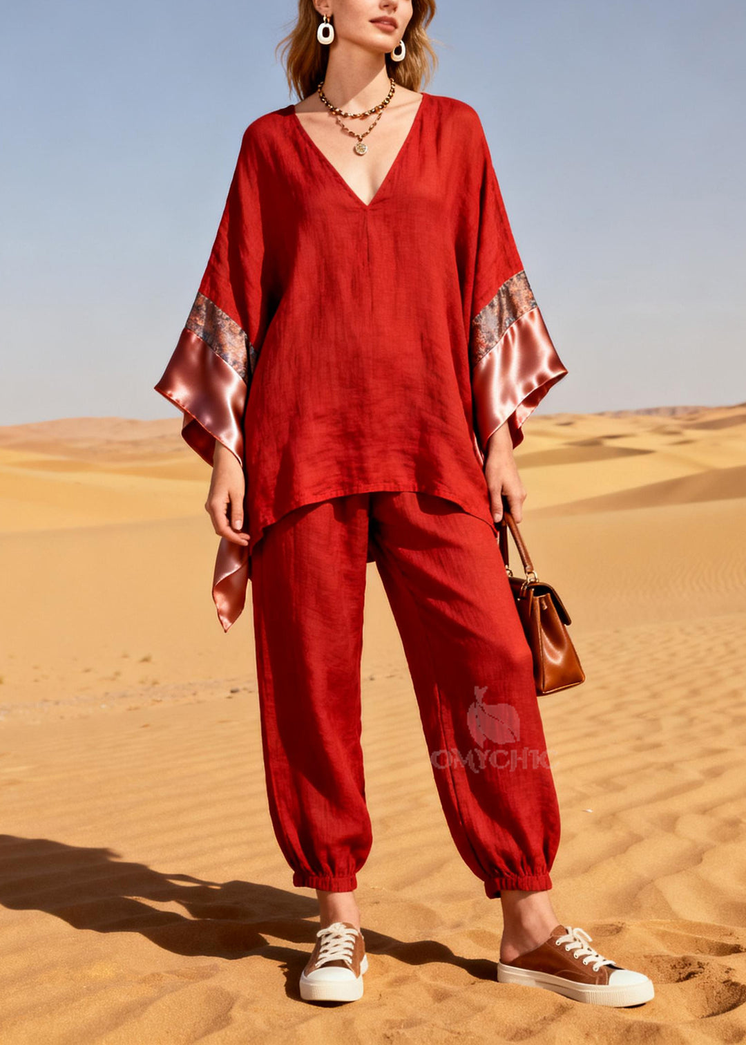 Bohemian Red Oversized Patchwork Linen Silk Two Piece Suit Set Spring