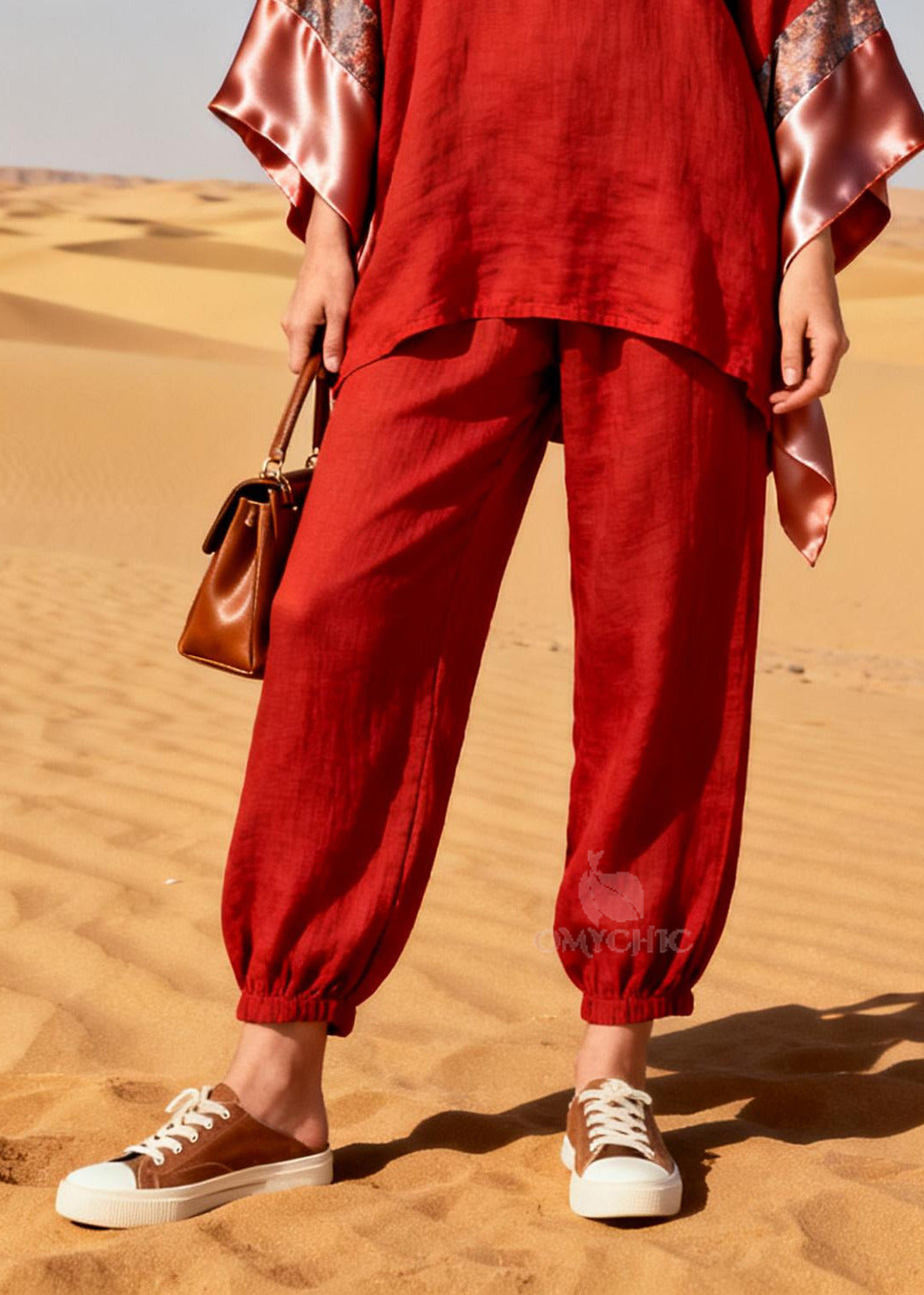 Bohemian Red Oversized Patchwork Linen Silk Two Piece Suit Set Spring