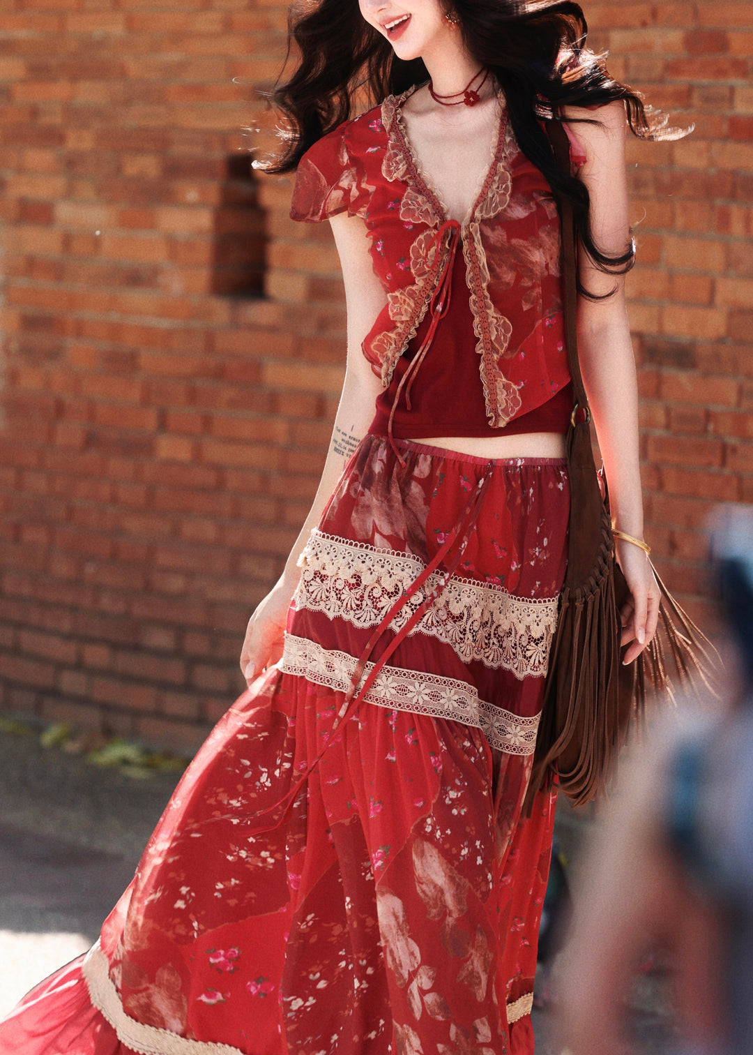 Bohemian Red Print Lace Patchwork Silk Two Pieces Set Summer