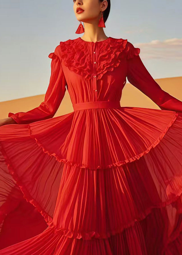 Bohemian Red Ruffled Exra Large Hem Chiffon Holiday Dress Spring