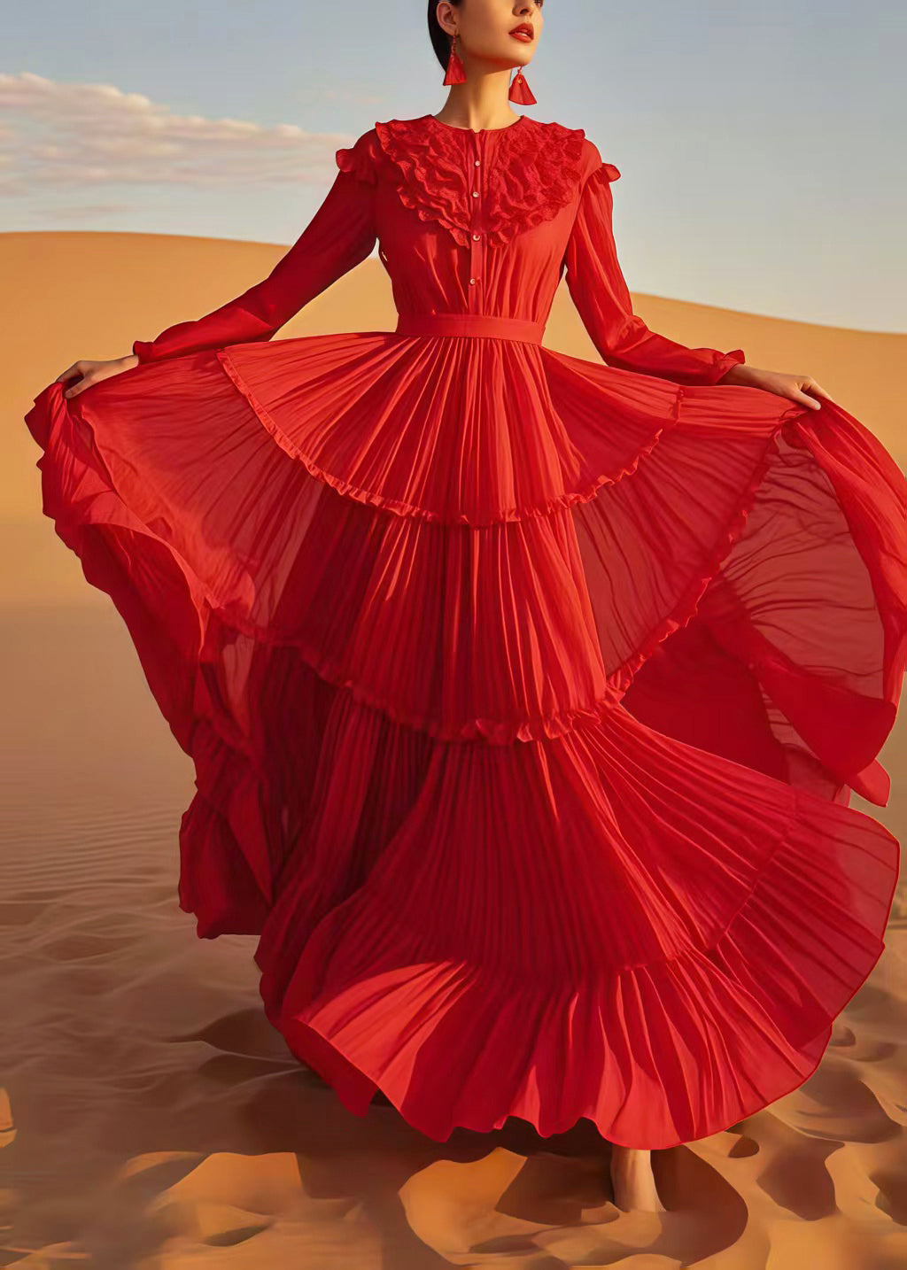 Bohemian Red Ruffled Exra Large Hem Chiffon Holiday Dress Spring