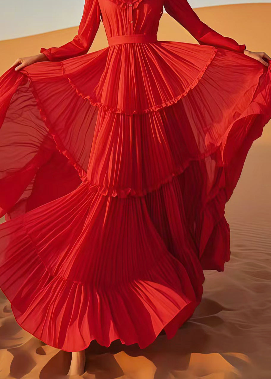 Bohemian Red Ruffled Exra Large Hem Chiffon Holiday Dress Spring