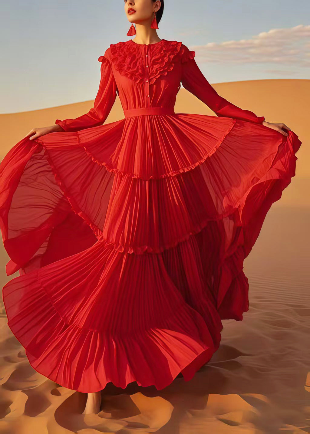 Bohemian Red Ruffled Exra Large Hem Chiffon Holiday Dress Spring