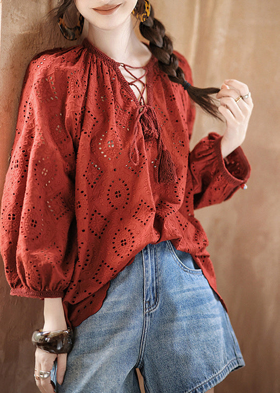 Bohemian Red Tie Lace Hollow Out Tops Fall
