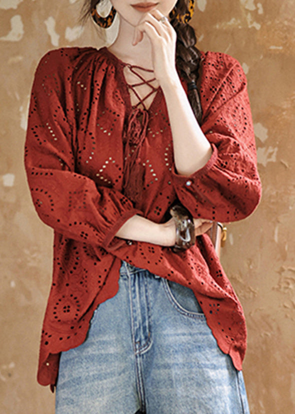 Bohemian Red Tie Lace Hollow Out Tops Fall