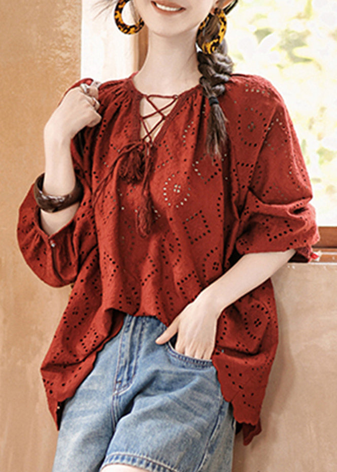 Bohemian Red Tie Lace Hollow Out Tops Fall