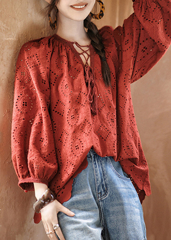 Bohemian Red Tie Lace Hollow Out Tops Fall