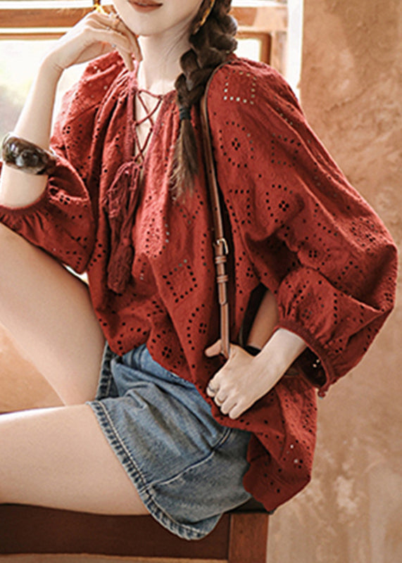 Bohemian Red Tie Lace Hollow Out Tops Fall
