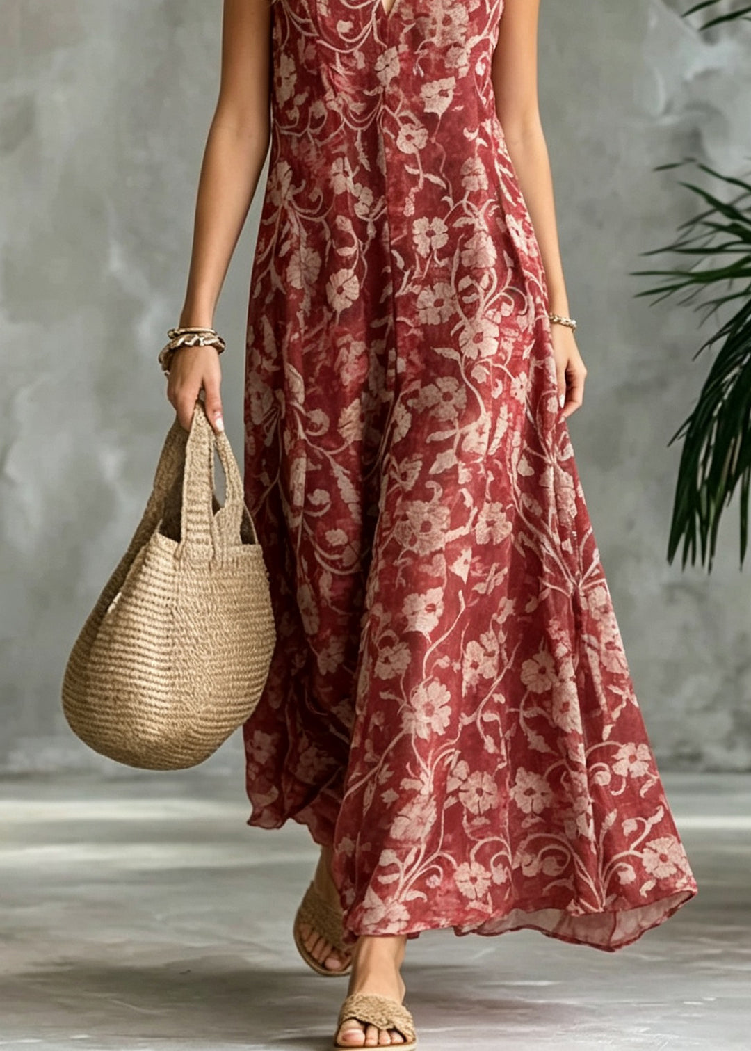 Bohemian Red V Neck Print Cotton Ankle Dress Sleeveless