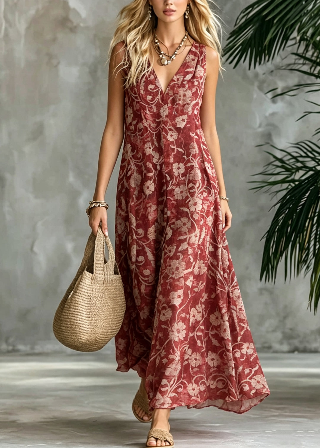 Bohemian Red V Neck Print Cotton Ankle Dress Sleeveless