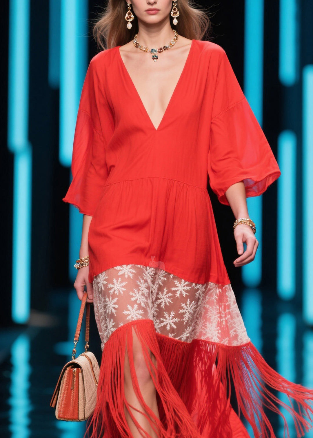 Bohemian Red V Neck Print Tassel Cotton Dress Summer