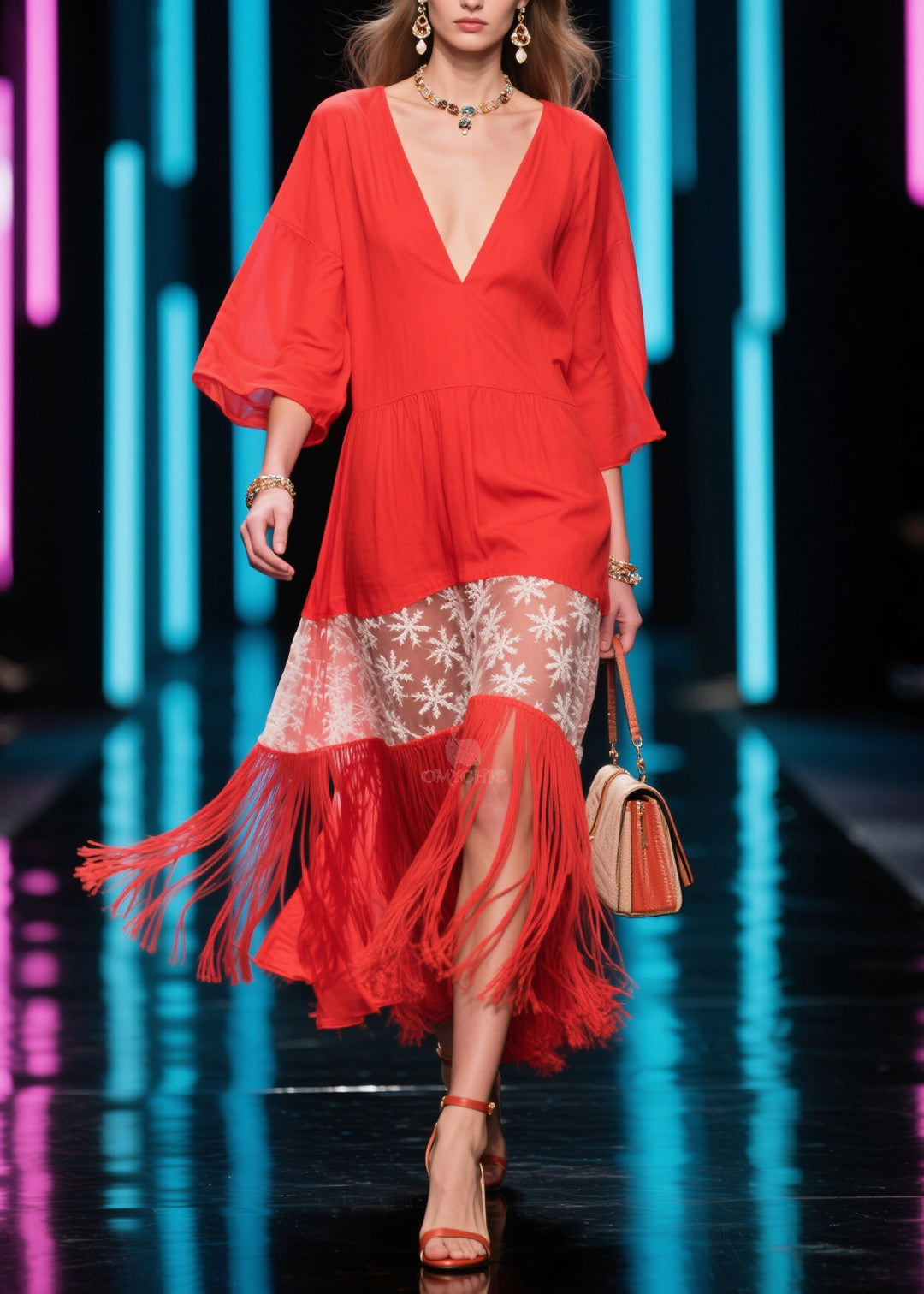 Bohemian Red V Neck Print Tassel Cotton Dress Summer