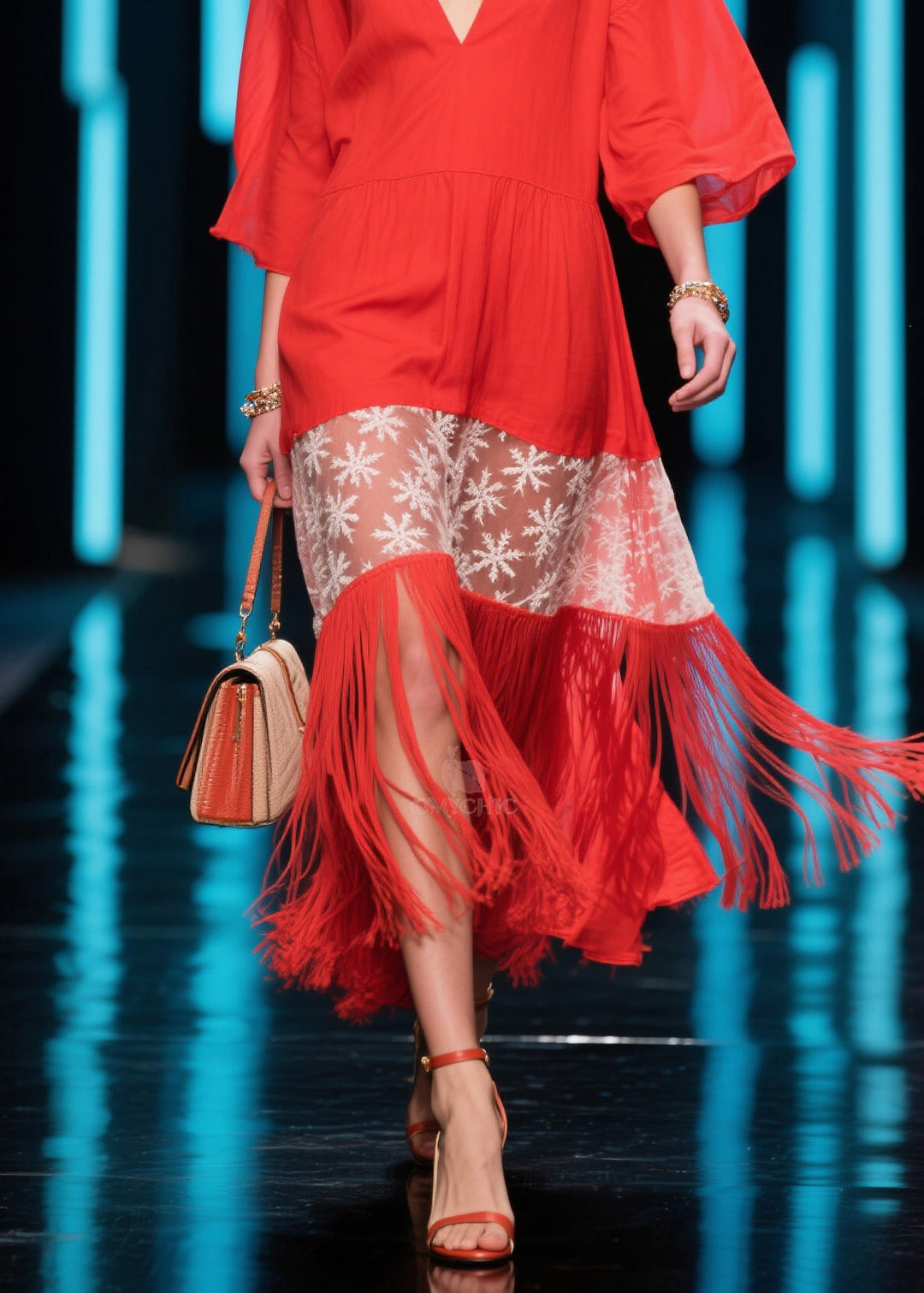 Bohemian Red V Neck Print Tassel Cotton Dress Summer