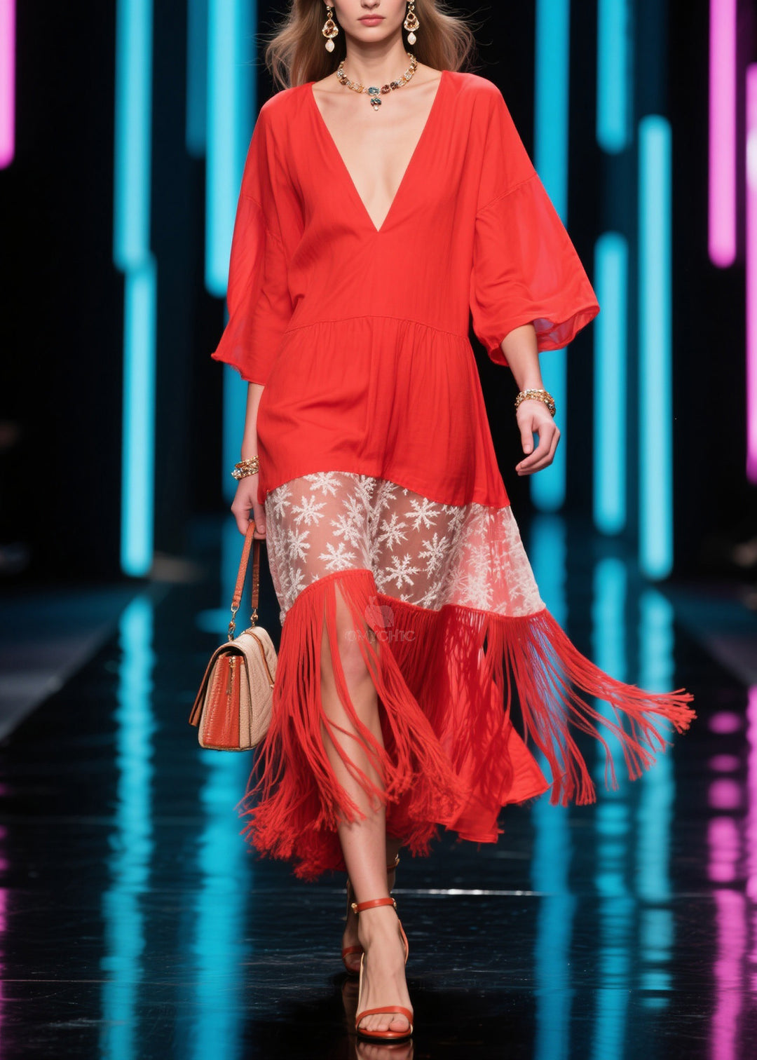 Bohemian Red V Neck Print Tassel Cotton Dress Summer