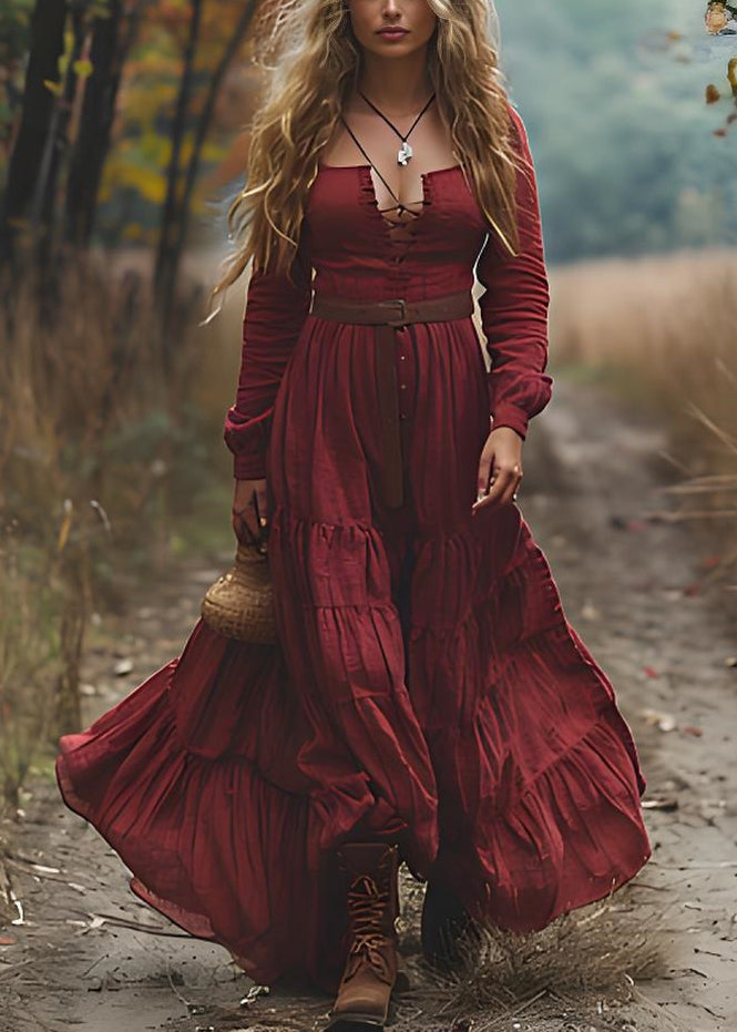 Bohemian Red WrinkledPatchwork Cotton Maxi Dresses Long Sleeve