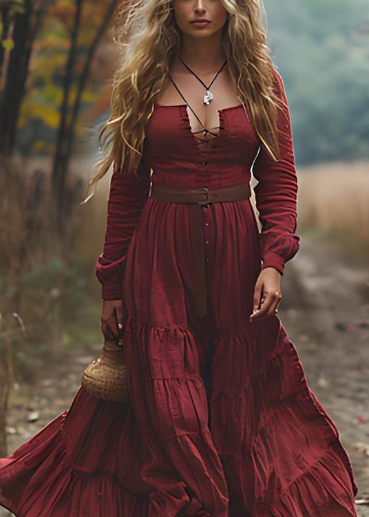 Bohemian Red WrinkledPatchwork Cotton Maxi Dresses Long Sleeve