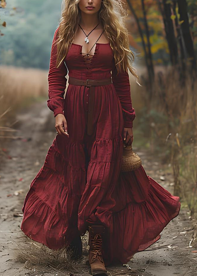 Bohemian Red WrinkledPatchwork Cotton Maxi Dresses Long Sleeve