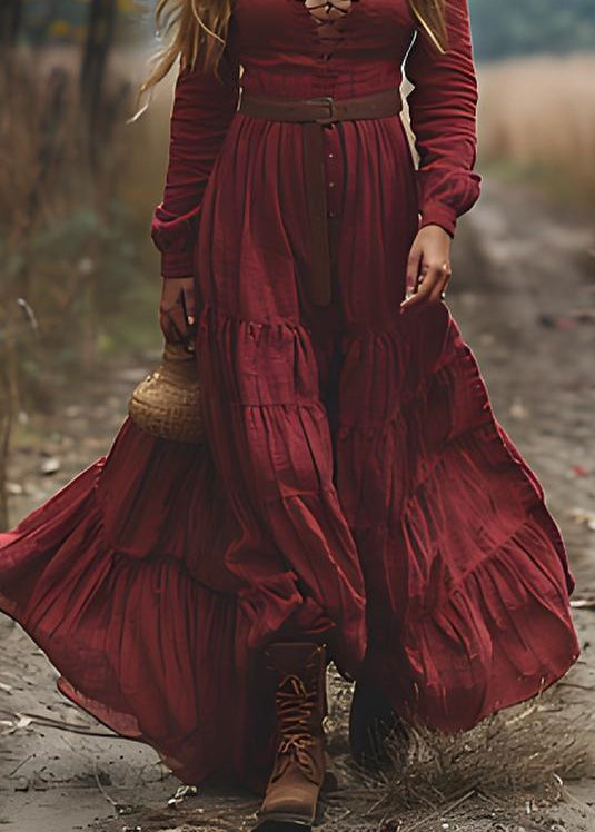 Bohemian Red WrinkledPatchwork Cotton Maxi Dresses Long Sleeve