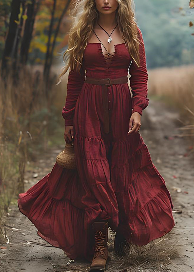 Bohemian Red WrinkledPatchwork Cotton Maxi Dresses Long Sleeve