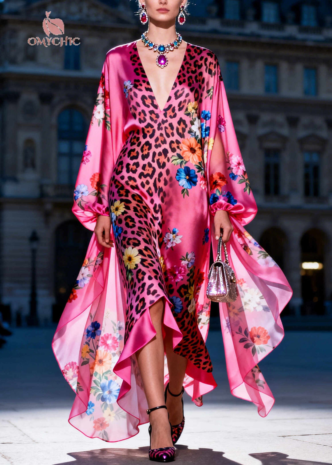 Bohemian Rose Asymmetrical Print Chiffon Holiday Dress Summer