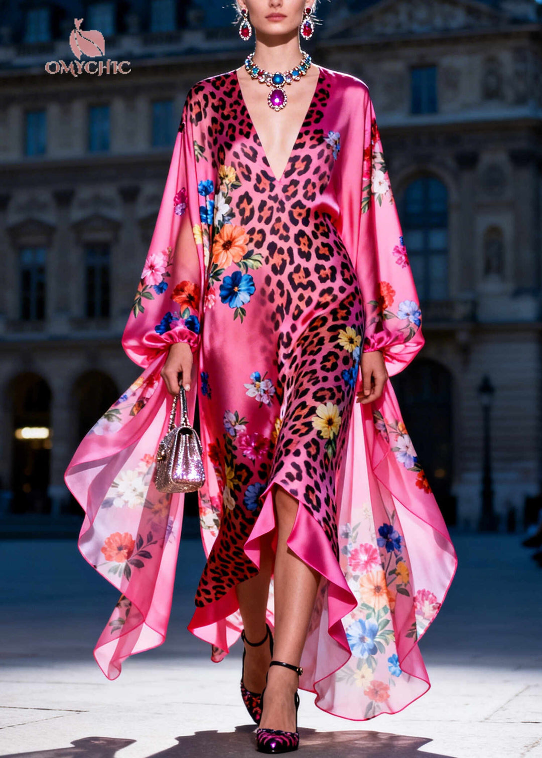 Bohemian Rose Asymmetrical Print Chiffon Holiday Dress Summer