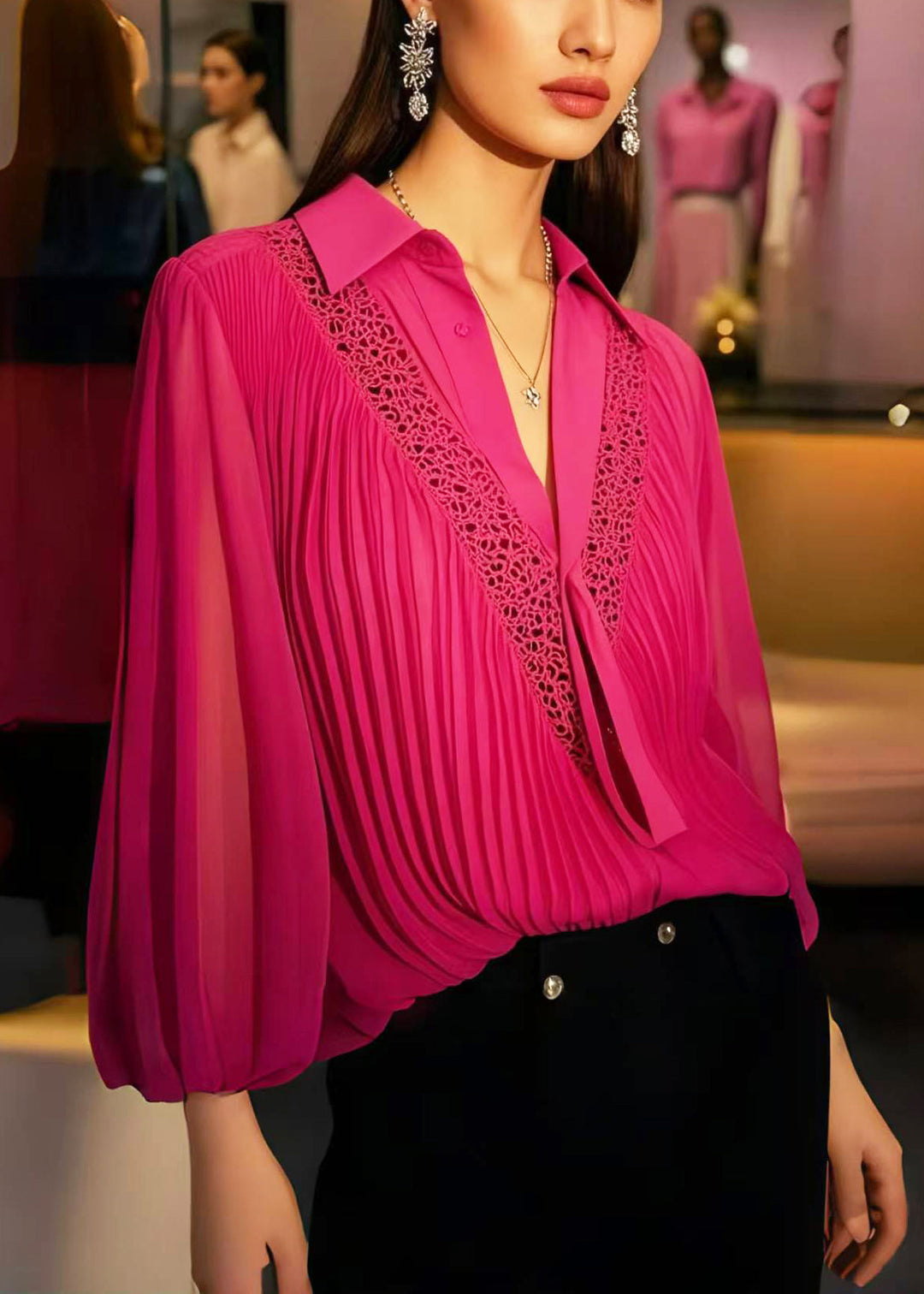 Bohemian Rose Hollow Out Wrinkled Chiffon Blouses Spring