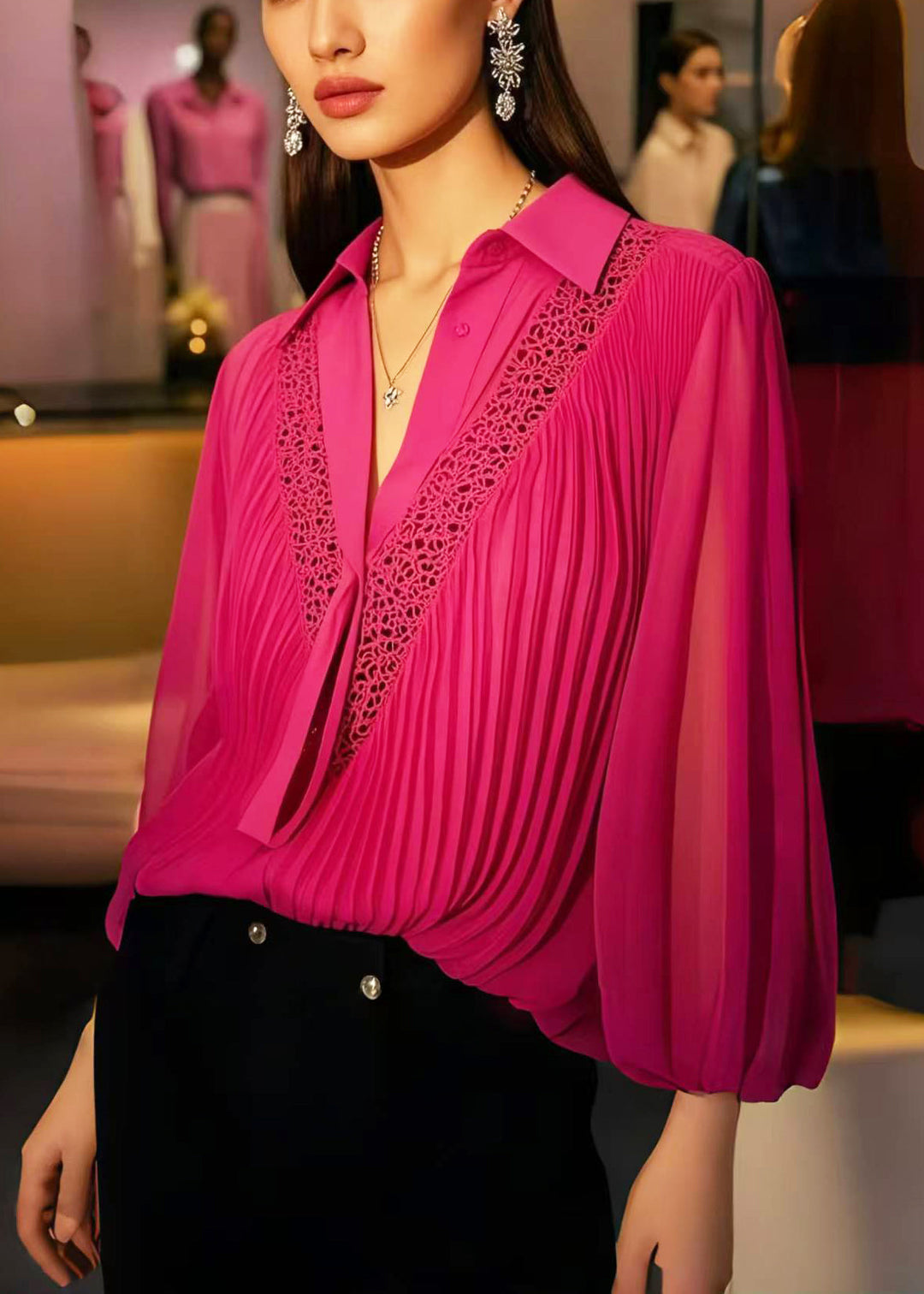 Bohemian Rose Hollow Out Wrinkled Chiffon Blouses Spring