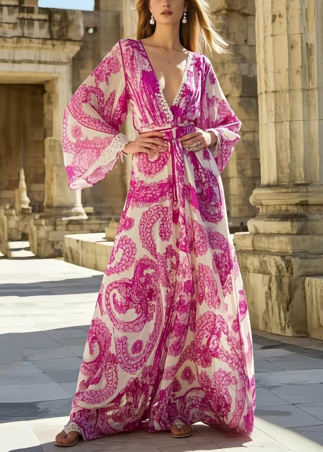 Bohemian Rose Print Exra Large Hem Chiffon Vacation Dresses Spring