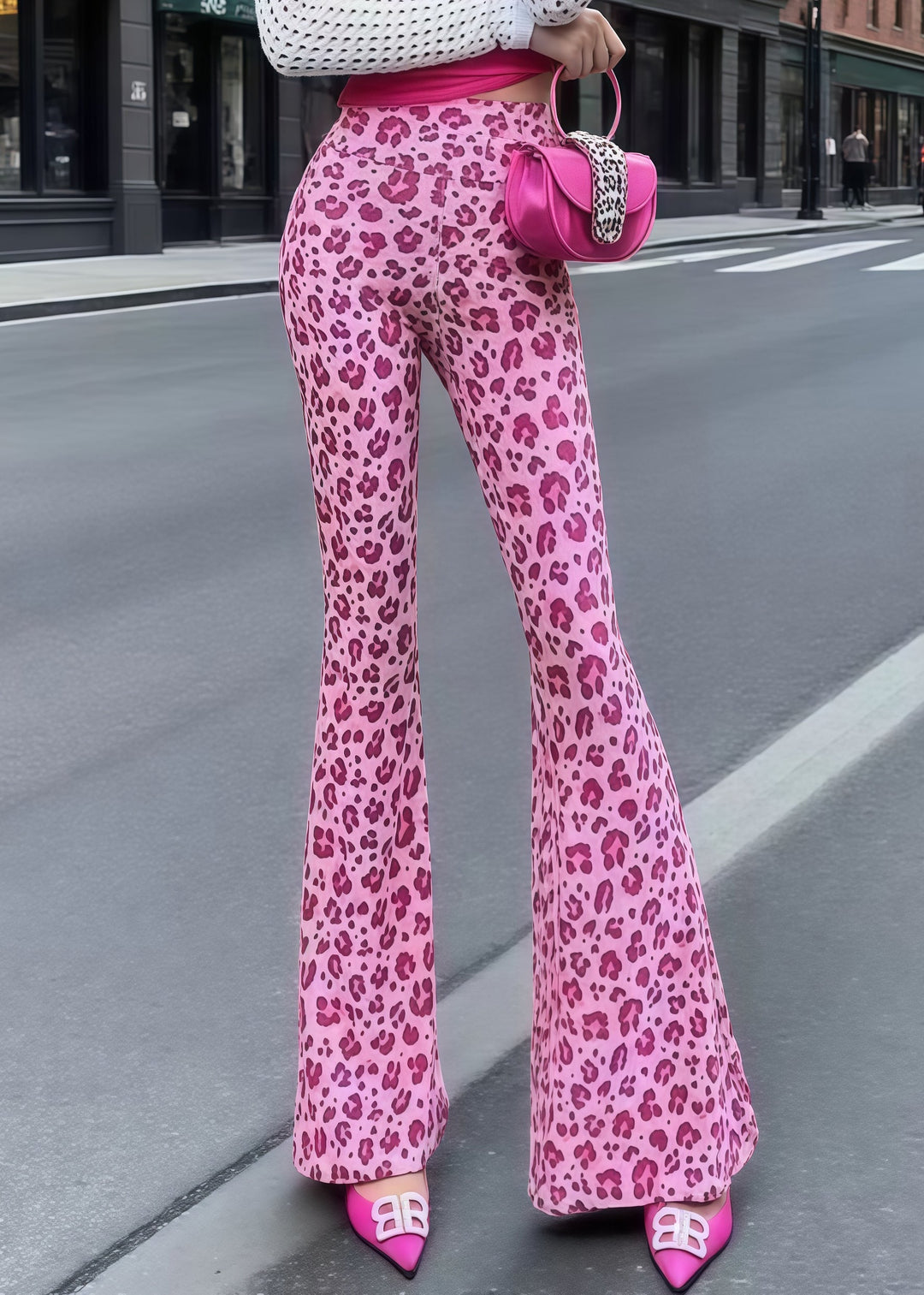 Bohemian Rose Tummy Control Leopard Print Cotton Flared Trousers Summer