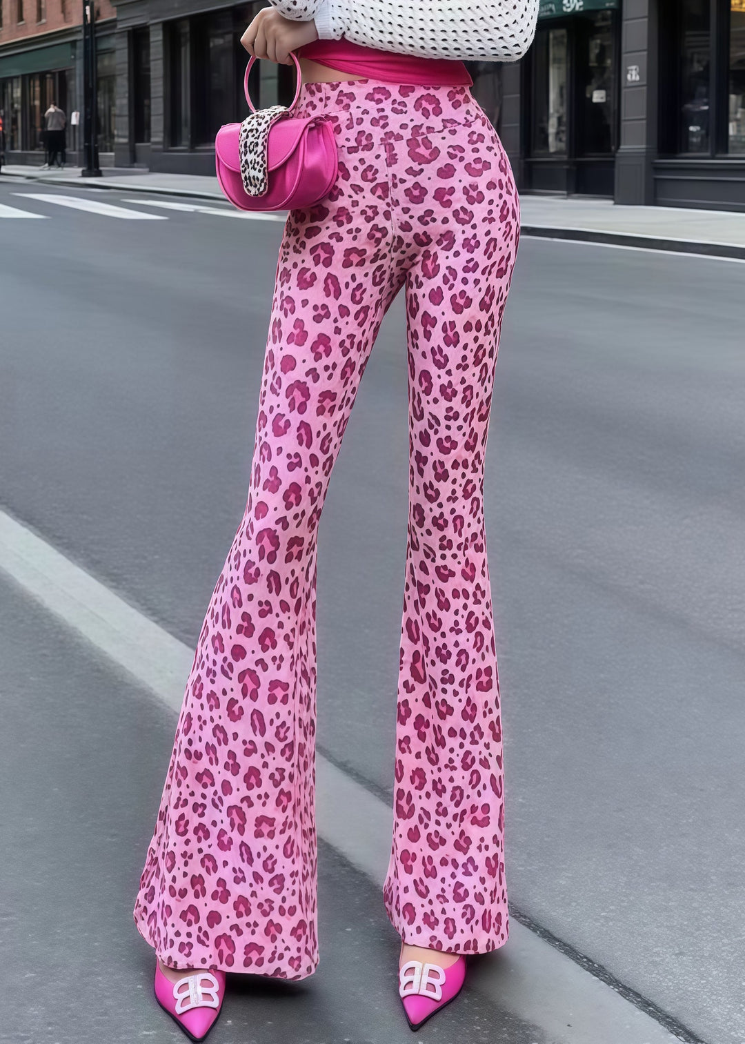 Bohemian Rose Tummy Control Leopard Print Cotton Flared Trousers Summer