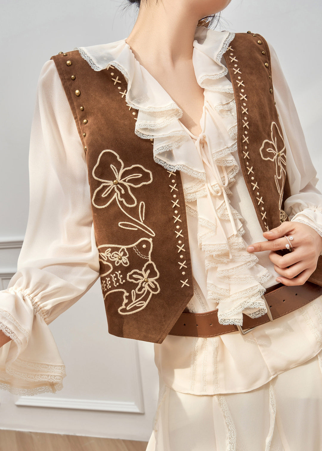 Bohemian Ruffled Print Waistcoat And Chiffon Shirt Two Pieces Set Flare Sleeve