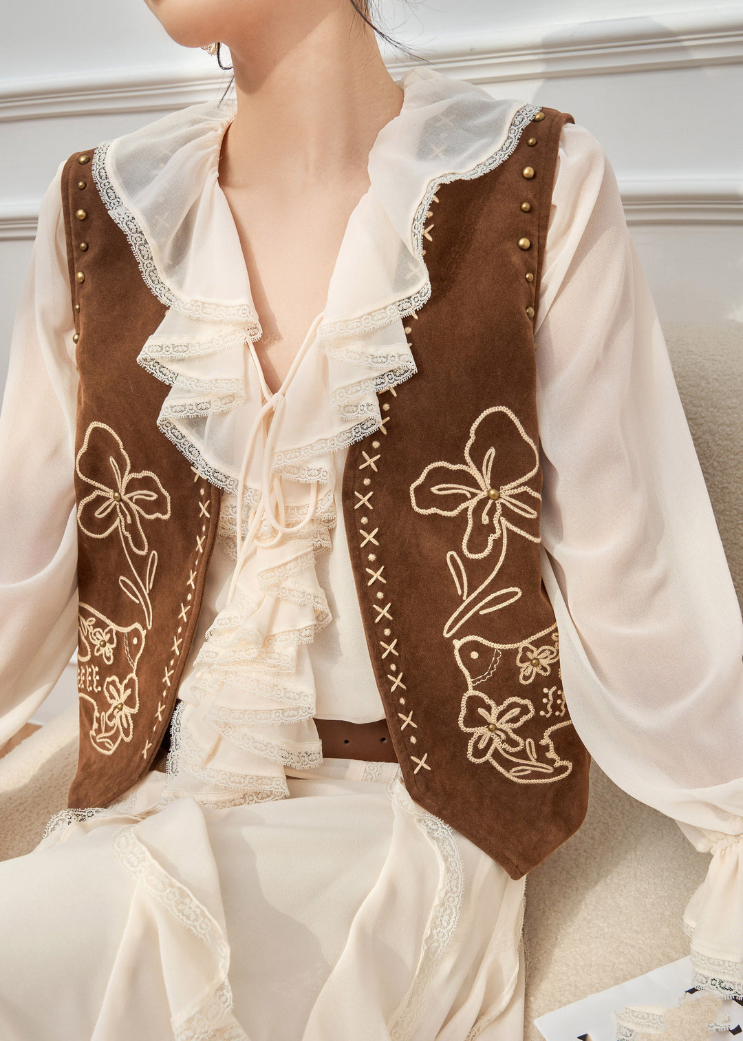 Bohemian Ruffled Print Waistcoat And Chiffon Shirt Two Pieces Set Flare Sleeve